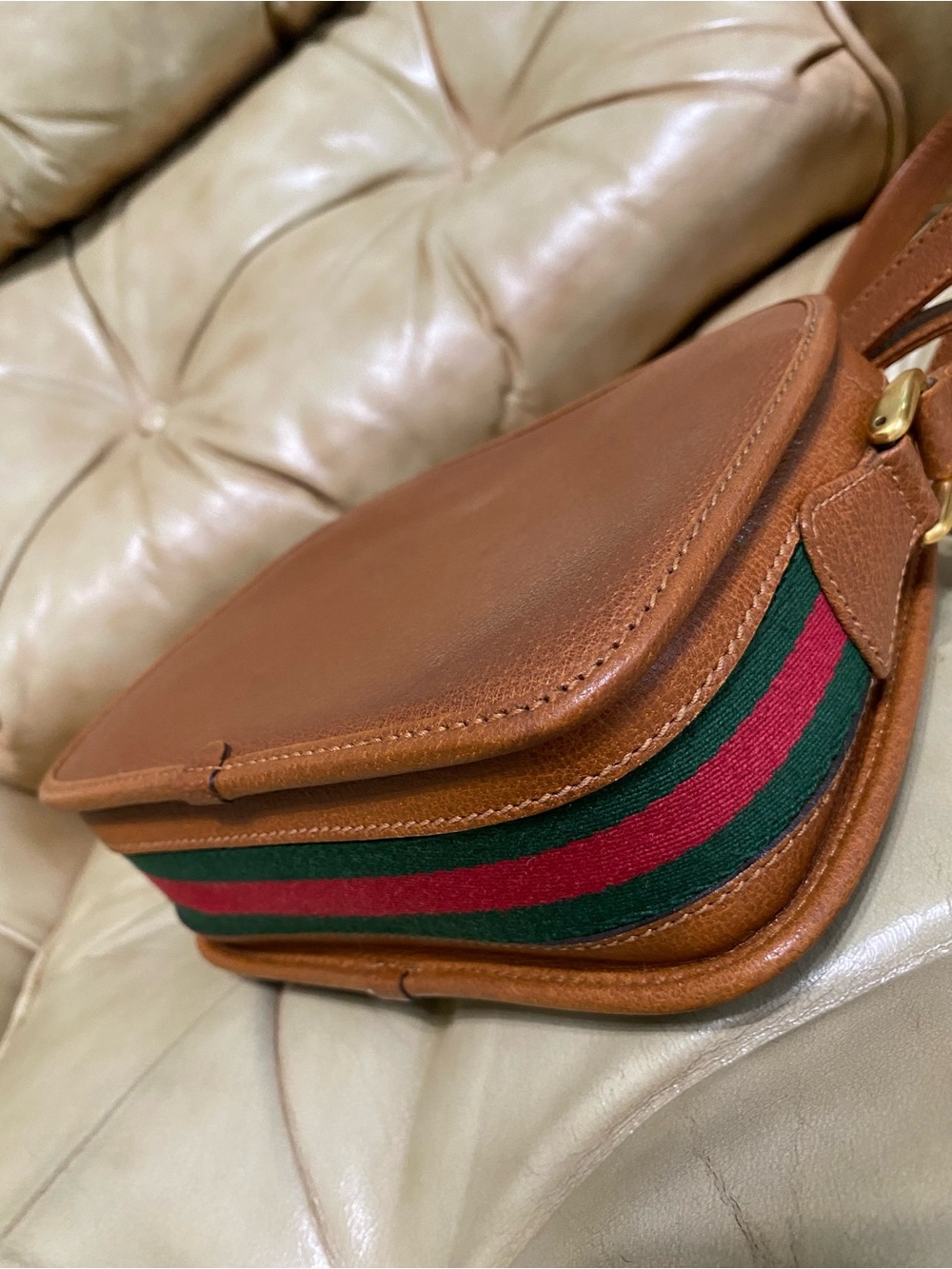 RARE Gucci Vintage Camera Bag COA Web Stripe Crossbody Cognac Leather - Picture 8 of 16